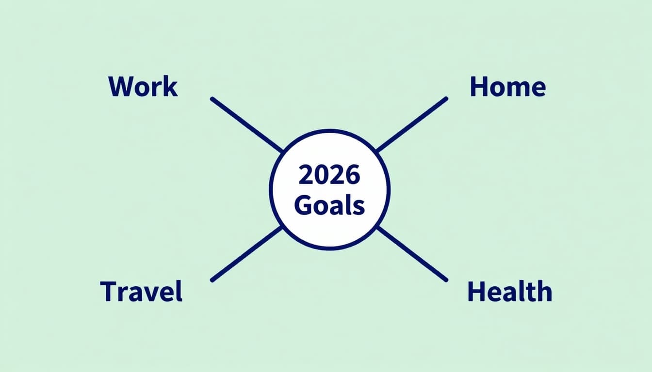 Simple mind map with bold central circle labeled '2026 Goals' and four radiating branches for Work, Home, Travel, and Health in a modern blue-green style on light background.