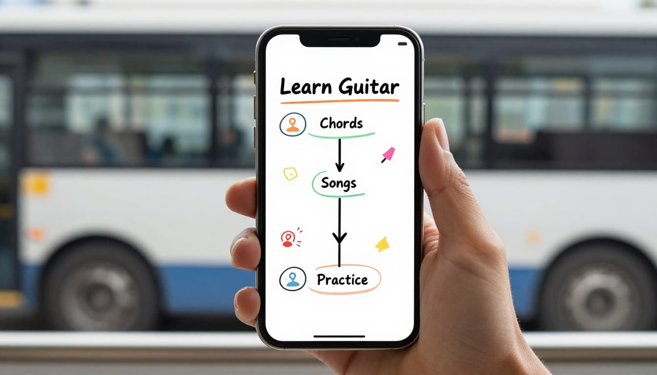 Modern illustration of a quick 3-minute mind map on a phone app for learning guitar, centered on 'Learn Guitar' with branches for 'Chords', 'Songs', and 'Practice', held naturally during a blurred bus commute background.