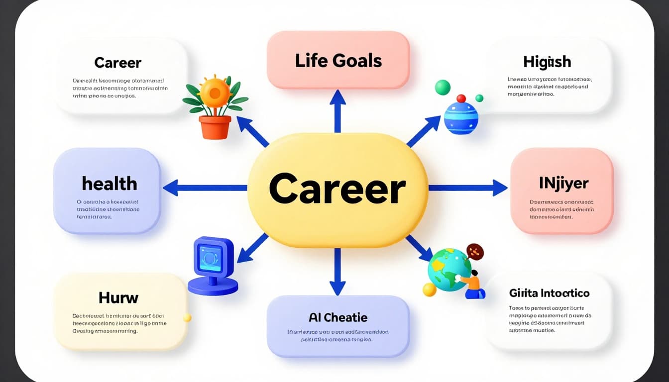 AI-assisted mind map centered on 'Life Goals' with branches for career, health, and habits, featuring futuristic icons and suggestion bubbles in a modern illustration style with clean shapes, vibrant palette, and soft glow lighting on a digital board.