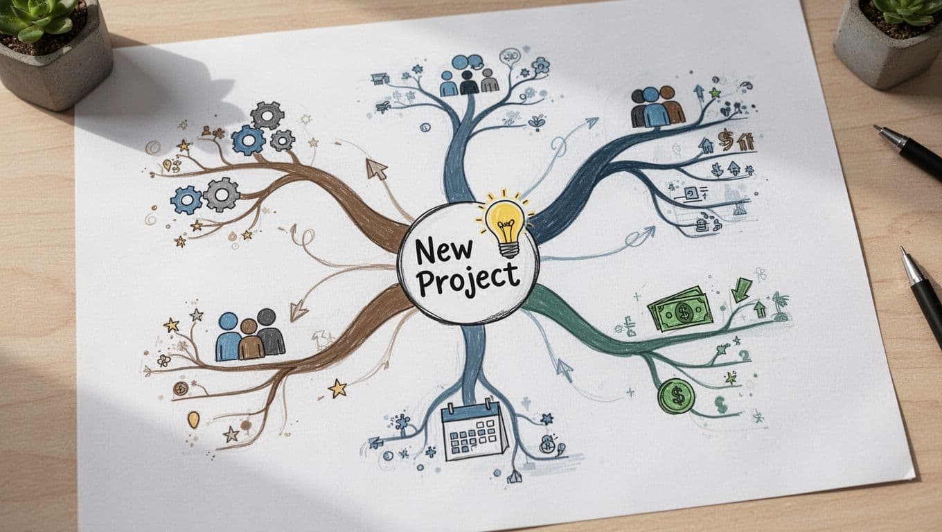 Hand-drawn mind map on white paper with central lightbulb icon for 'New Project' and colorful curved branches for subtopics like team, goals, tasks, budget, featuring simple icons, keywords, and organic connections in earth tones and blues.