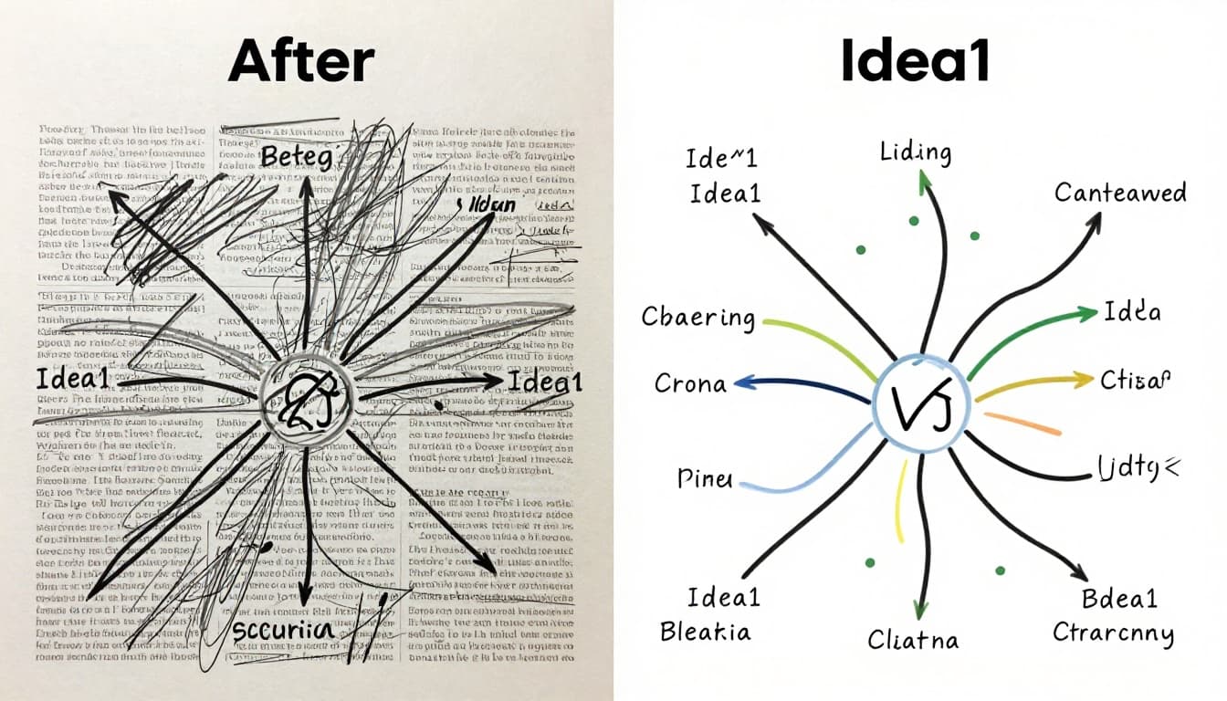 Side-by-side modern illustration on paper showing a cluttered mind map with straight lines and sentences on the left, contrasted with a clean mind map using curved branches, keywords, colors, and doodles on the right.