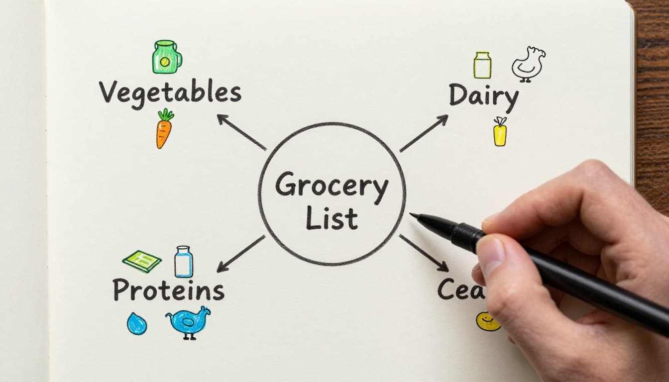 Modern illustration of a beginner's hand sketching a basic mind map on notebook paper, featuring a central 'Grocery List' circle with branches to 'Vegetables', 'Dairy', and 'Proteins', including icons like carrot, milk, and chicken.