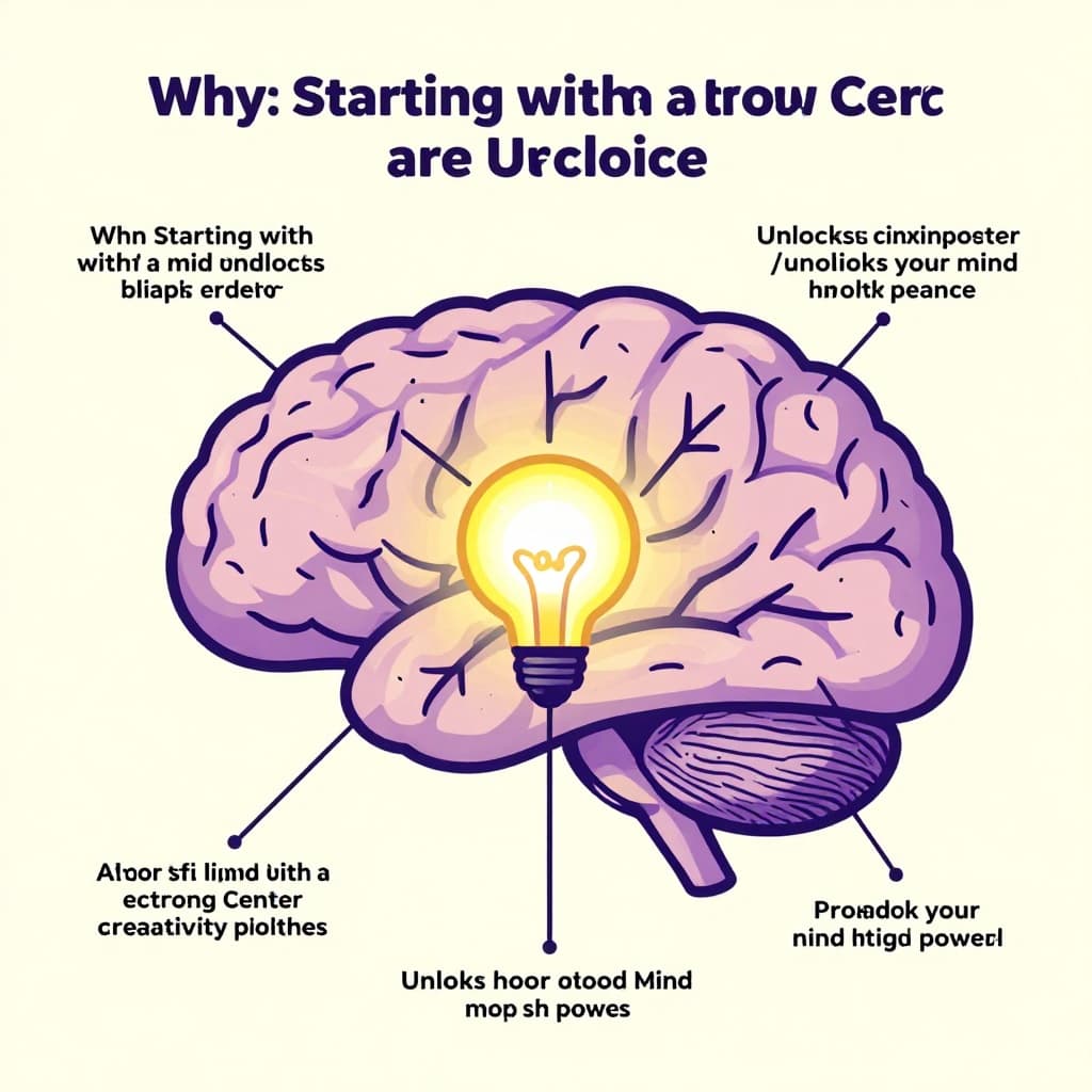 Modern illustration of a brain with radial thought branches from a central glowing idea bulb, showing connections between ideas in a clean purple and yellow palette on a light background.