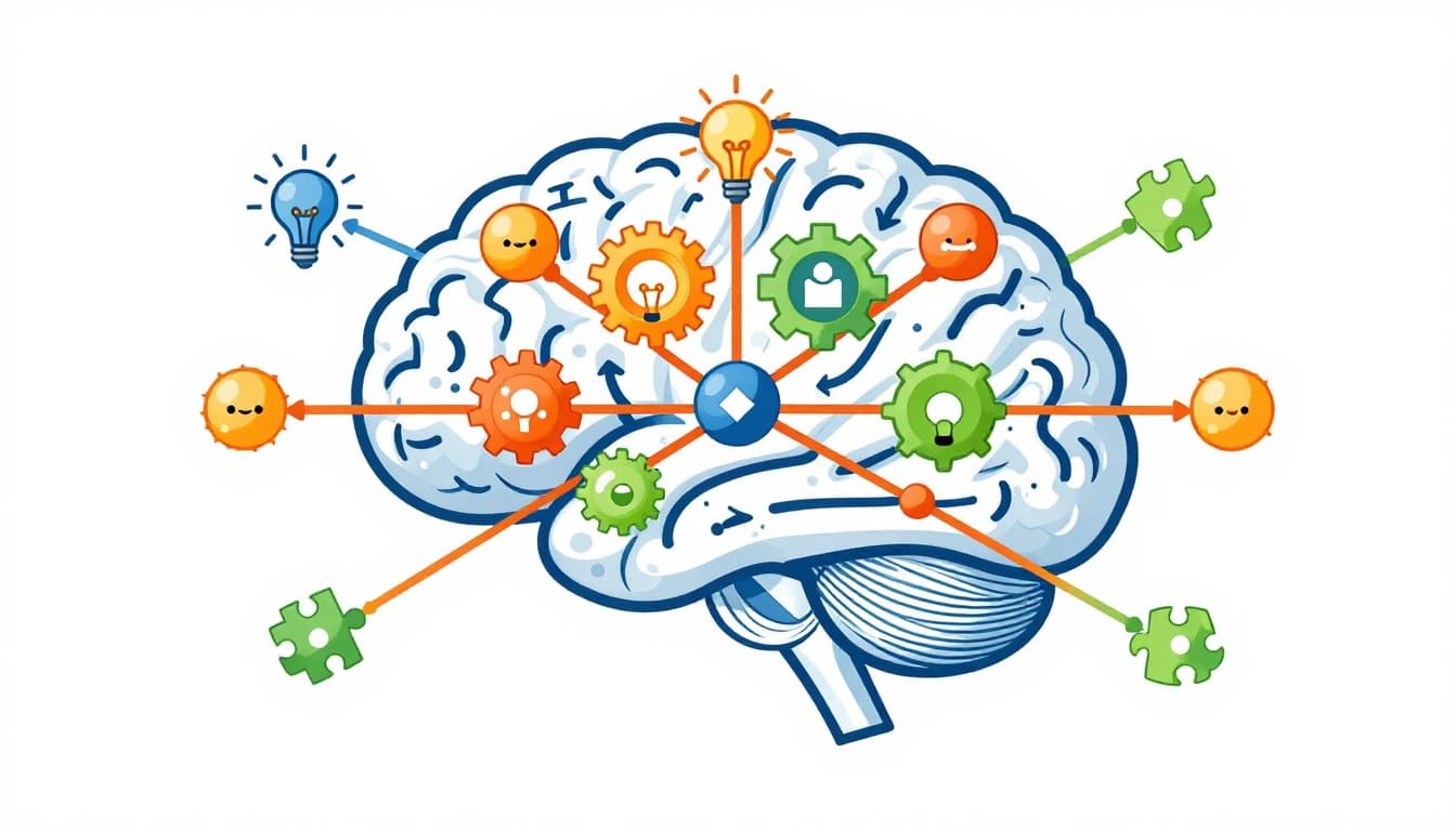Modern illustration of a human brain stylized as a mind map, featuring a central core branching radially into colorful curved arms with icons like lightbulbs, gears, and puzzle pieces representing connected thoughts for better memory and creativity.