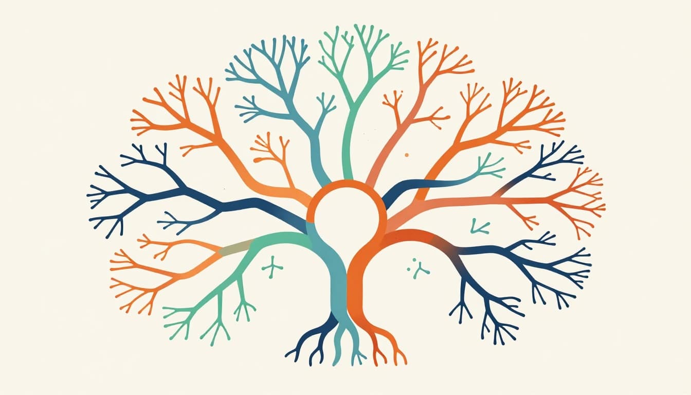 Central brain neuron network with colorful branches radiating outward like a mind map, tree roots and branches intertwining ideas in a modern illustration style with clean shapes and soft blues, greens, and oranges on a light neutral background.