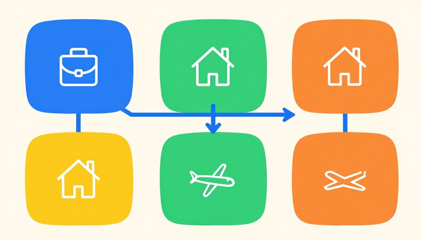 Modern illustration of a mind map snippet featuring three branches in blue for work, green for home, and orange for travel, with simple icons like briefcase, house, and plane on a light background.