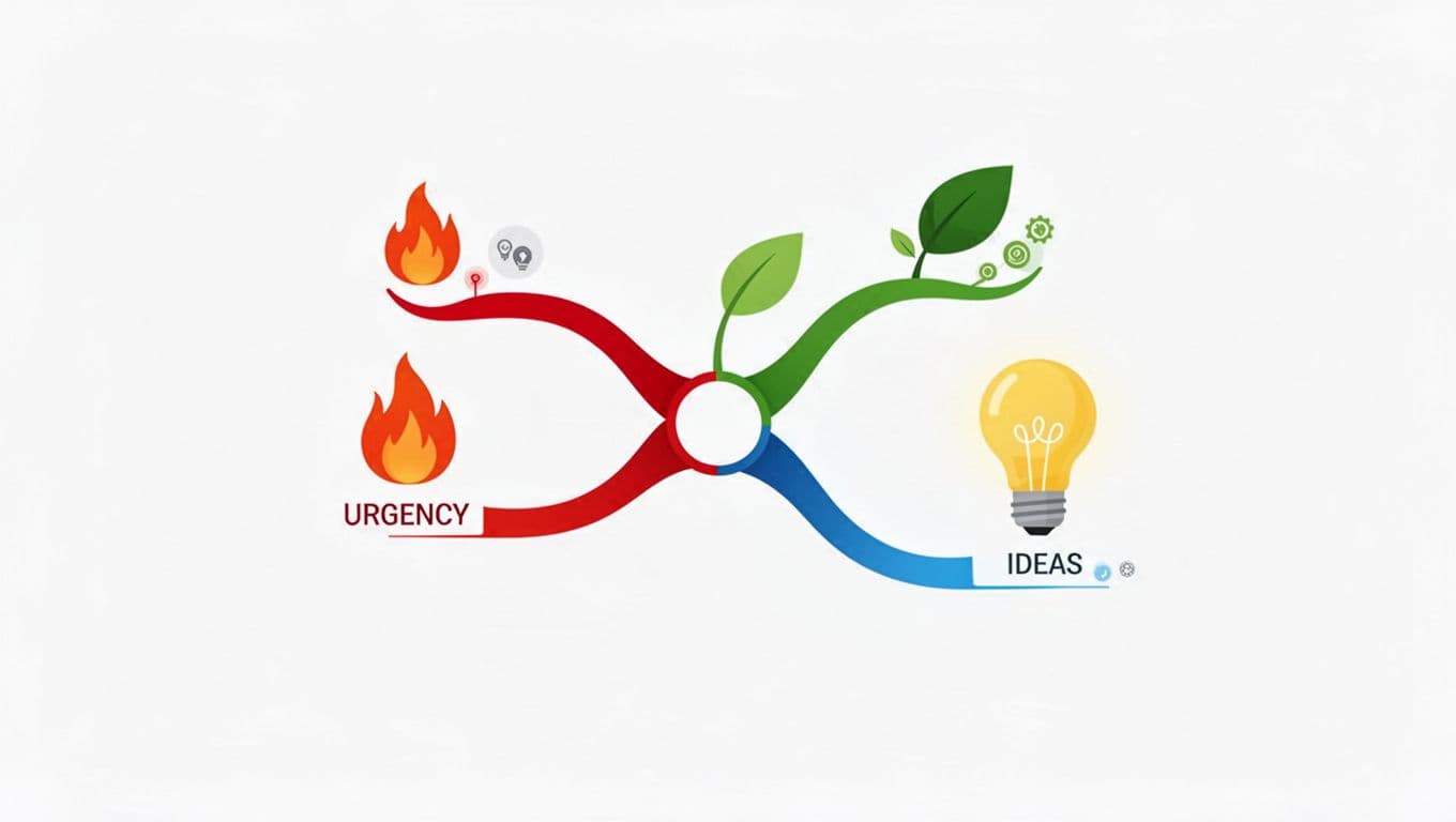 Modern illustration of colorful mind map branches: red with flame for urgent, green with leaf for growth, blue with lightbulb for ideas, curved lines from center on white background.