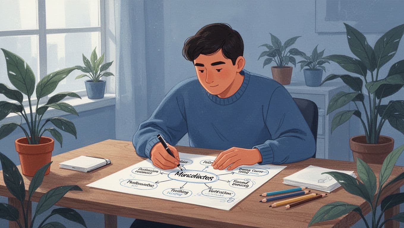 Modern illustration of a person deeply focused on drawing a handwritten mind map on paper at a wooden desk in a serene room with plants and soft window light, free of digital distractions.