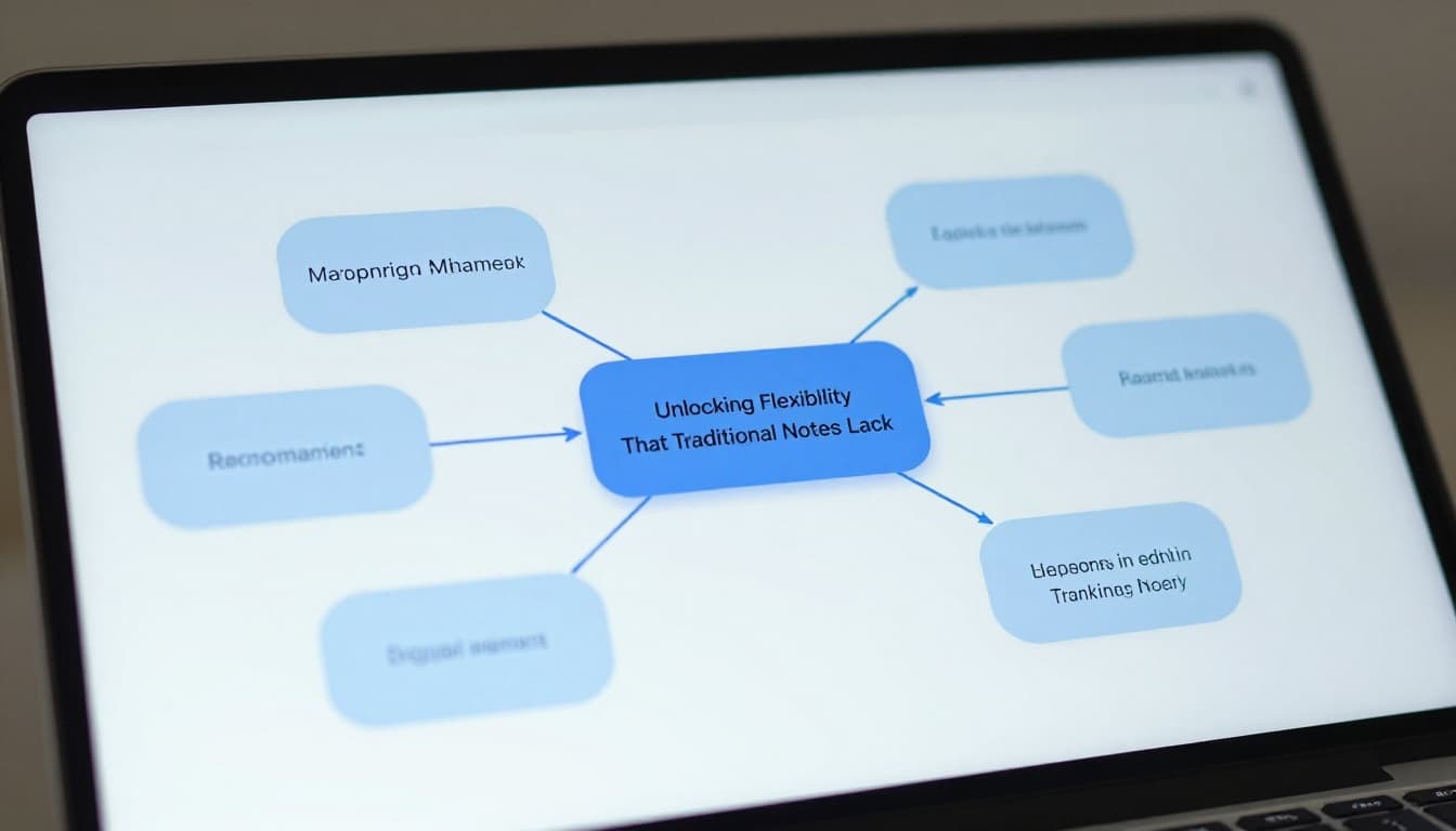 Modern illustration of a laptop screen at a slight angle displaying a digital mind map interface with a central topic, expandable branches, and one branch being added on an infinite canvas background. Clean shapes in soft blue tones highlight ease of editing and flexibility.