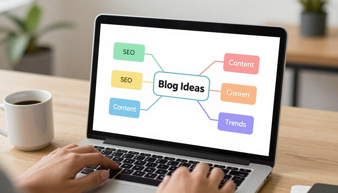 Modern illustration of a laptop screen displaying a colorful digital mind map for brainstorming, centered on blog ideas with branching topics like SEO, content, and trends, on an office desk with coffee mug and resting hand.