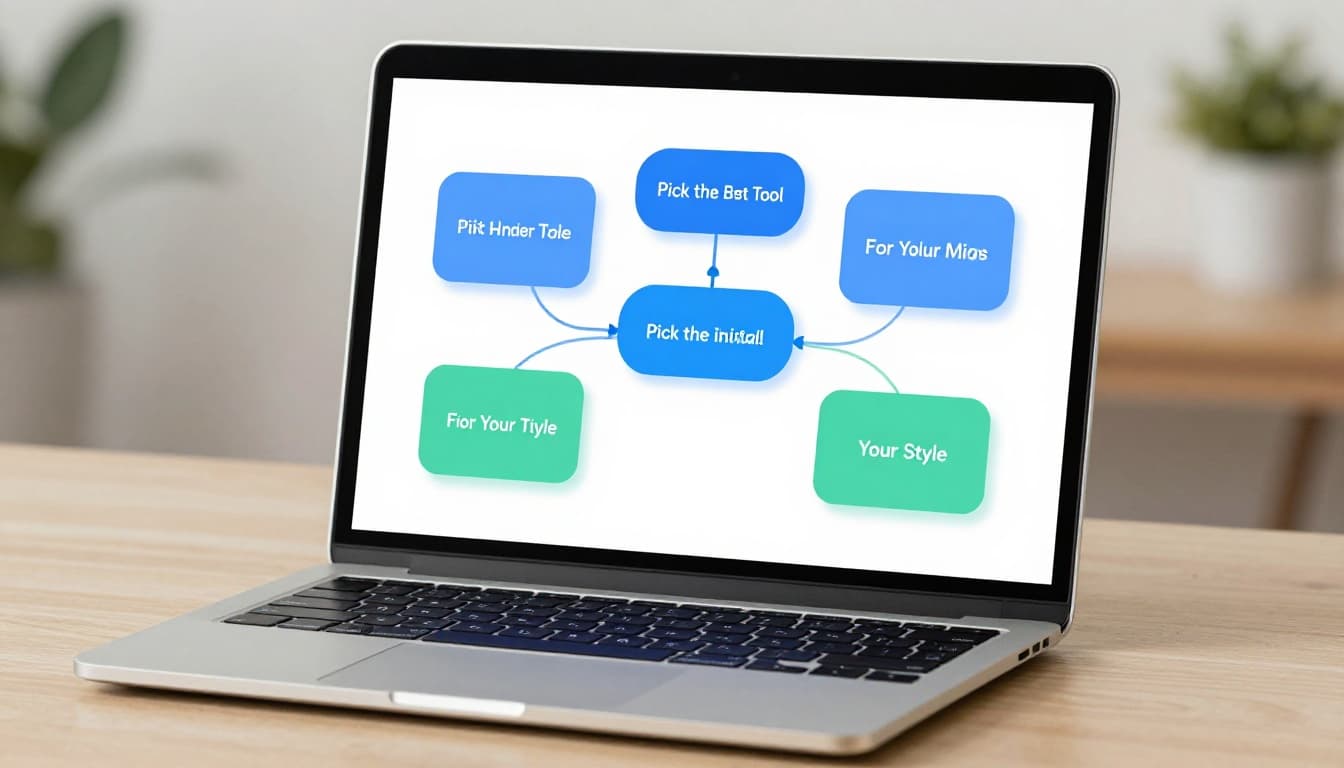 Modern illustration of a digital mind map on a laptop screen resembling Canva or Miro interface, with simple central node, colorful branches, clean UI at an angle, in a natural office setting with soft lighting.
