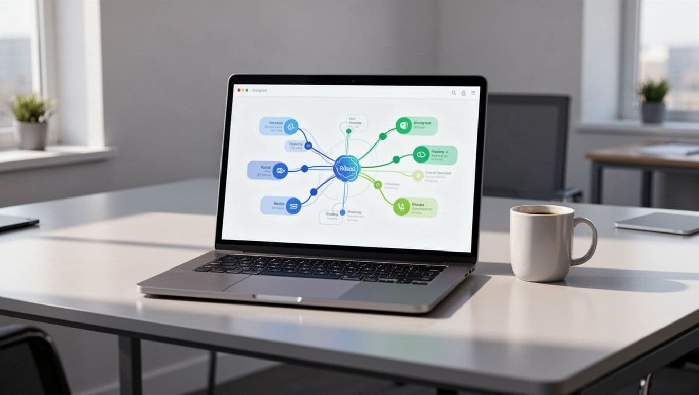 Laptop screen displaying a digital mind map with nodes and connections in a clean interface, on a modern desk with coffee mug nearby, soft office lighting, modern illustration style.