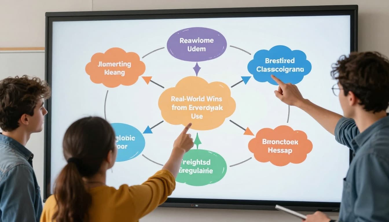 Group of diverse students in a classroom collaborating on a large digital mind map projected on the wall about project ideas. Modern illustration featuring clean shapes, controlled warm colors in oranges and blues, dynamic side-angle composition with soft lighting.