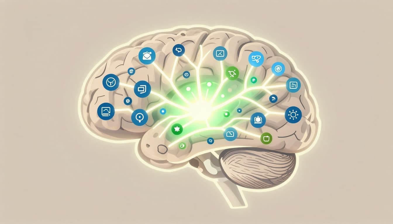 Modern illustration of a human brain with glowing neural pathways forming a mind map pattern, central idea sparking connections to branches with memory icons, blue for logic and green for creativity.