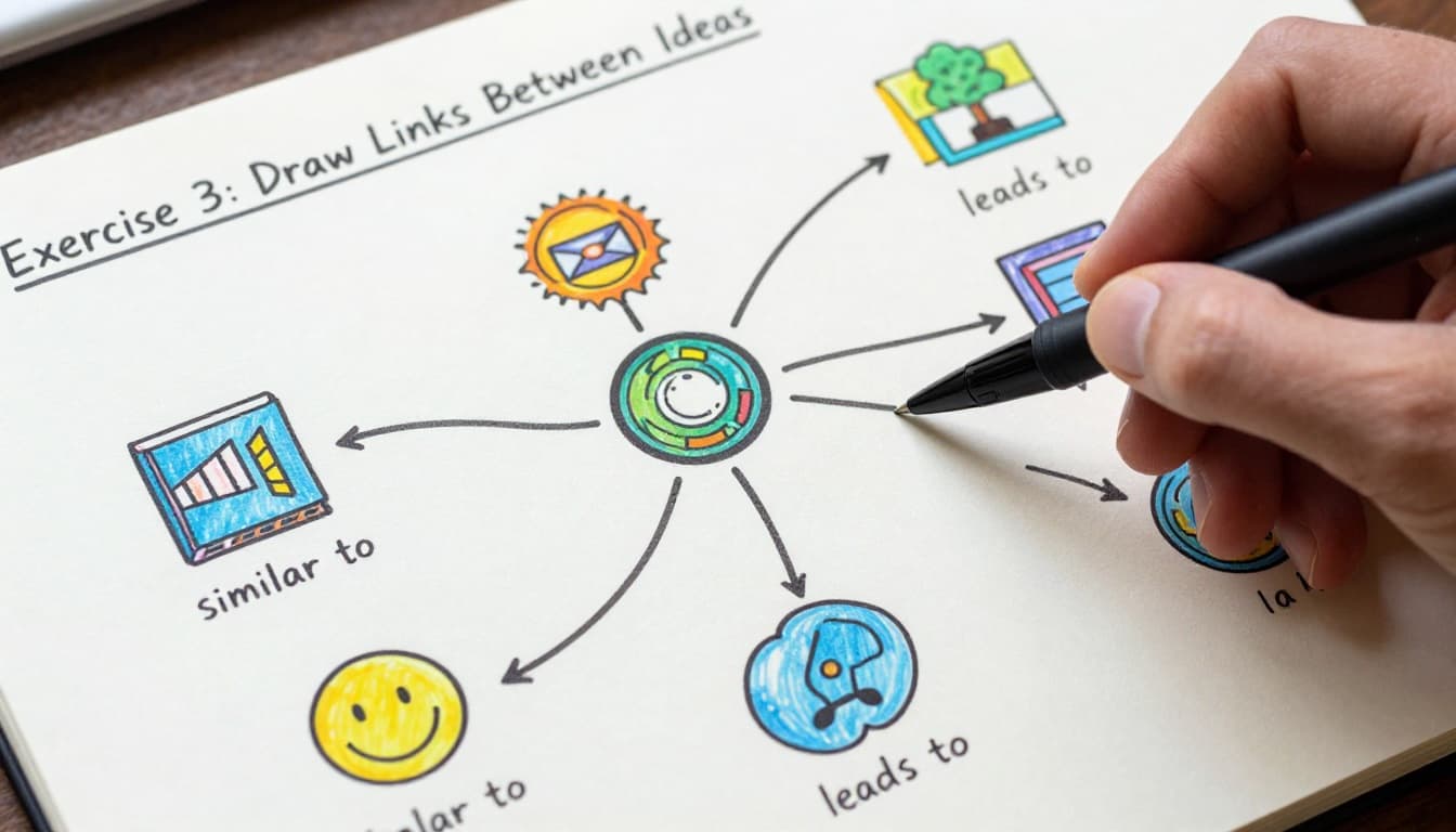 A relaxed hand doodles colorful mind map branches with icons and curves on paper, adding simple connecting lines labeled 'similar' and 'leads to' between ideas. Close-up notebook view features vibrant palette, clean shapes, and natural light with exactly one hand visible.