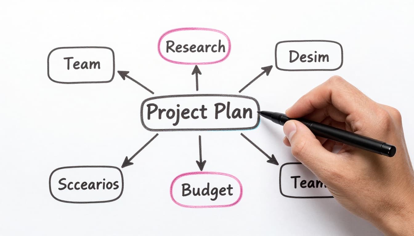 Modern illustration of a hand-drawn mind map on paper with 'Project Plan' at the center, branching to 'Research', 'Design', 'Team', and 'Budget' with colorful icons in a simple desk setting and a hand holding a pen.