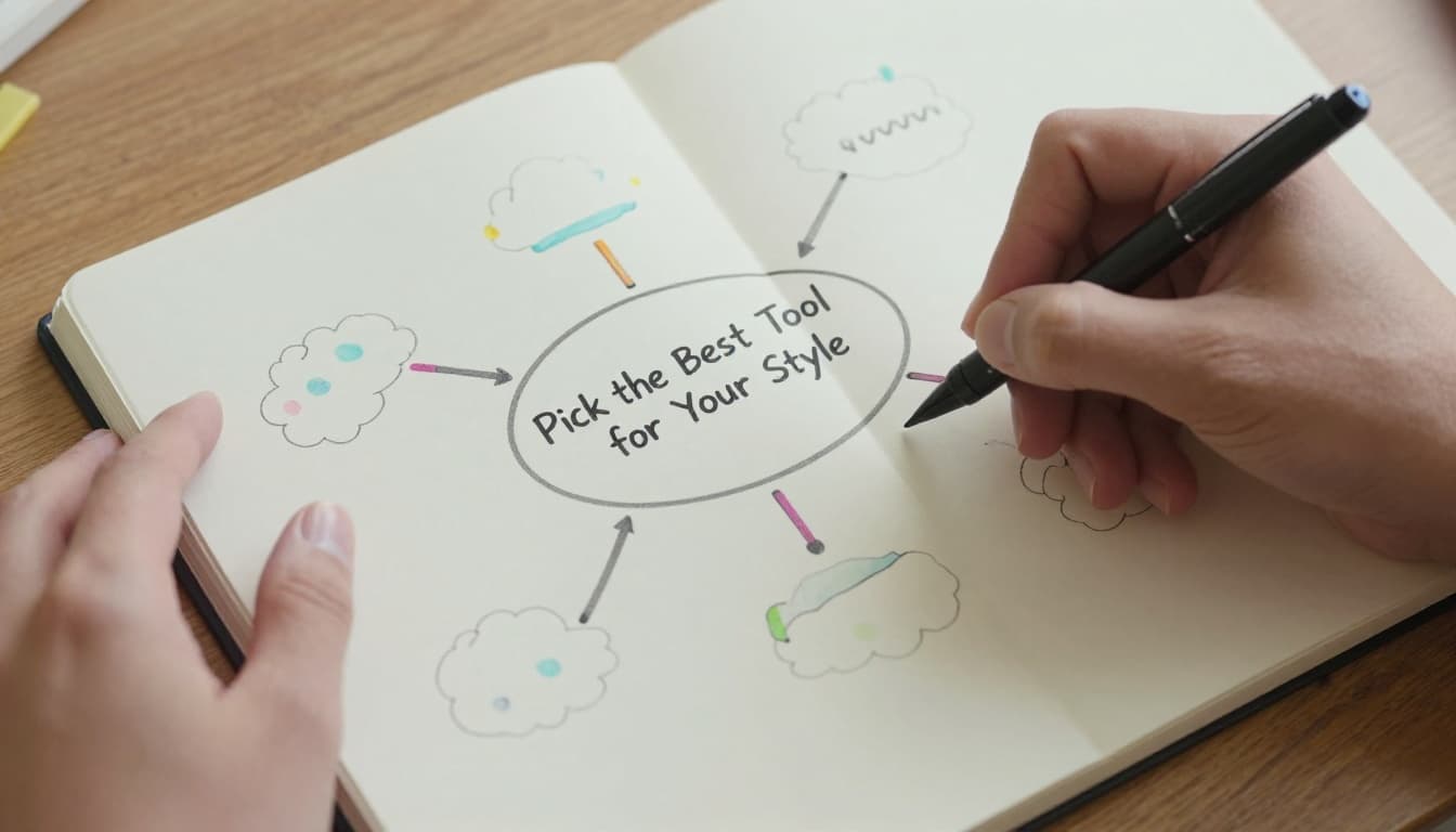 Top-down illustration of hands sketching a basic mind map on notebook paper with pen and colorful markers nearby, showcasing the tactile paper-based process in a modern style with warm colors and soft lighting.