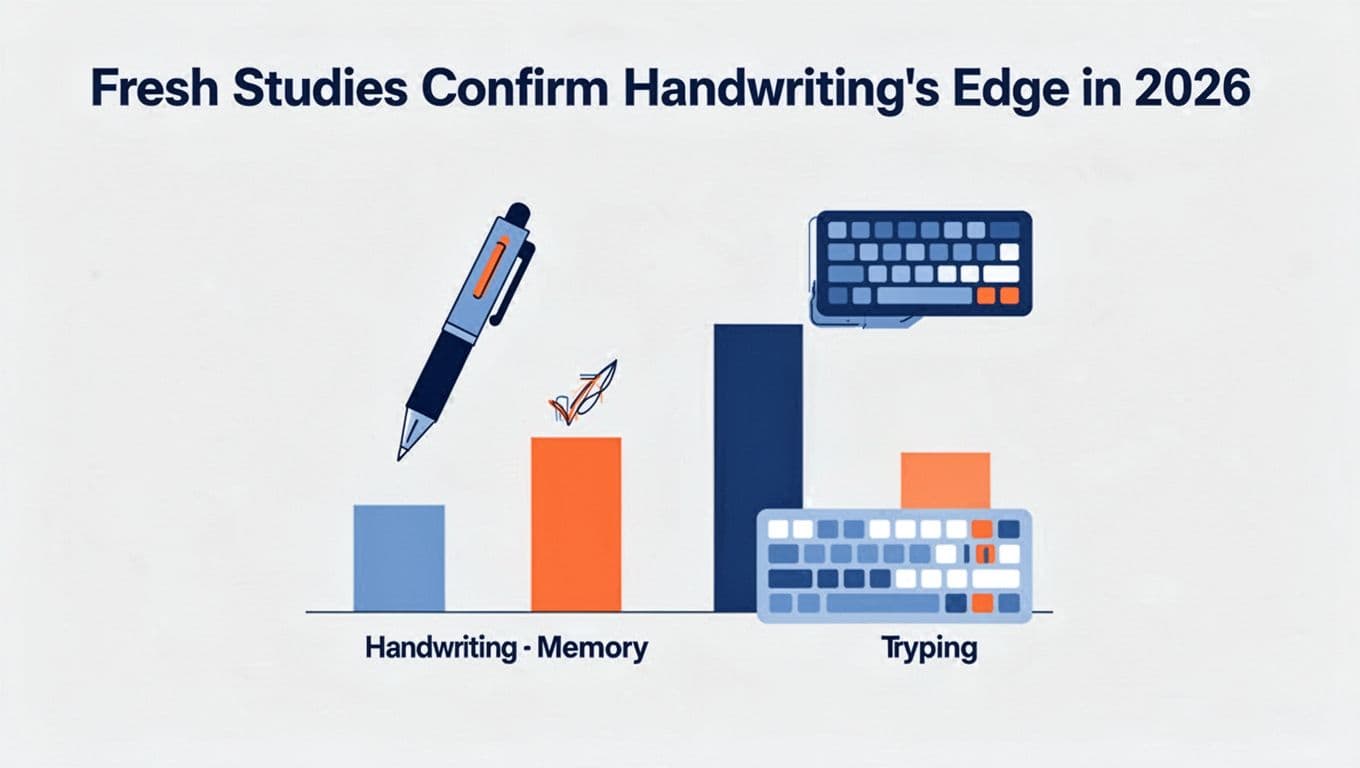 Modern illustration of a simple bar chart comparing handwriting and typing, with higher bars for handwriting in memory and creativity categories, featuring pen and keyboard icons in blues and oranges.
