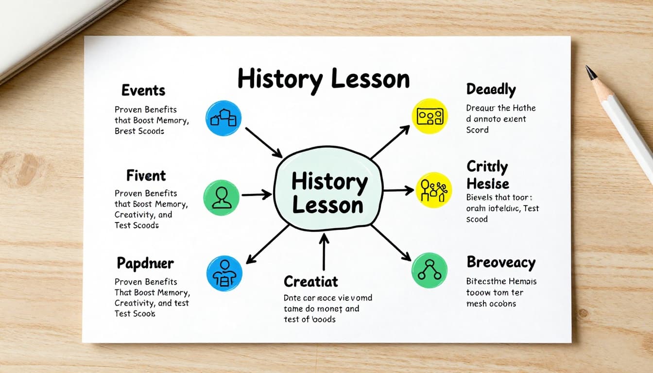 Top view of a hand-drawn style mind map on paper with central topic 'History Lesson' branching to events, dates, people, icons, colors, and keywords, placed on a wooden desk with a pencil nearby.