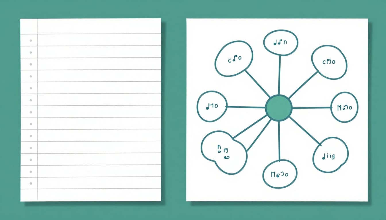 Side-by-side modern illustration in clean shapes and blues-greens palette: left shows straight vertical linear notes as bullet list on white paper; right depicts radial mind map with central circle and curving tree-like branches on white background.