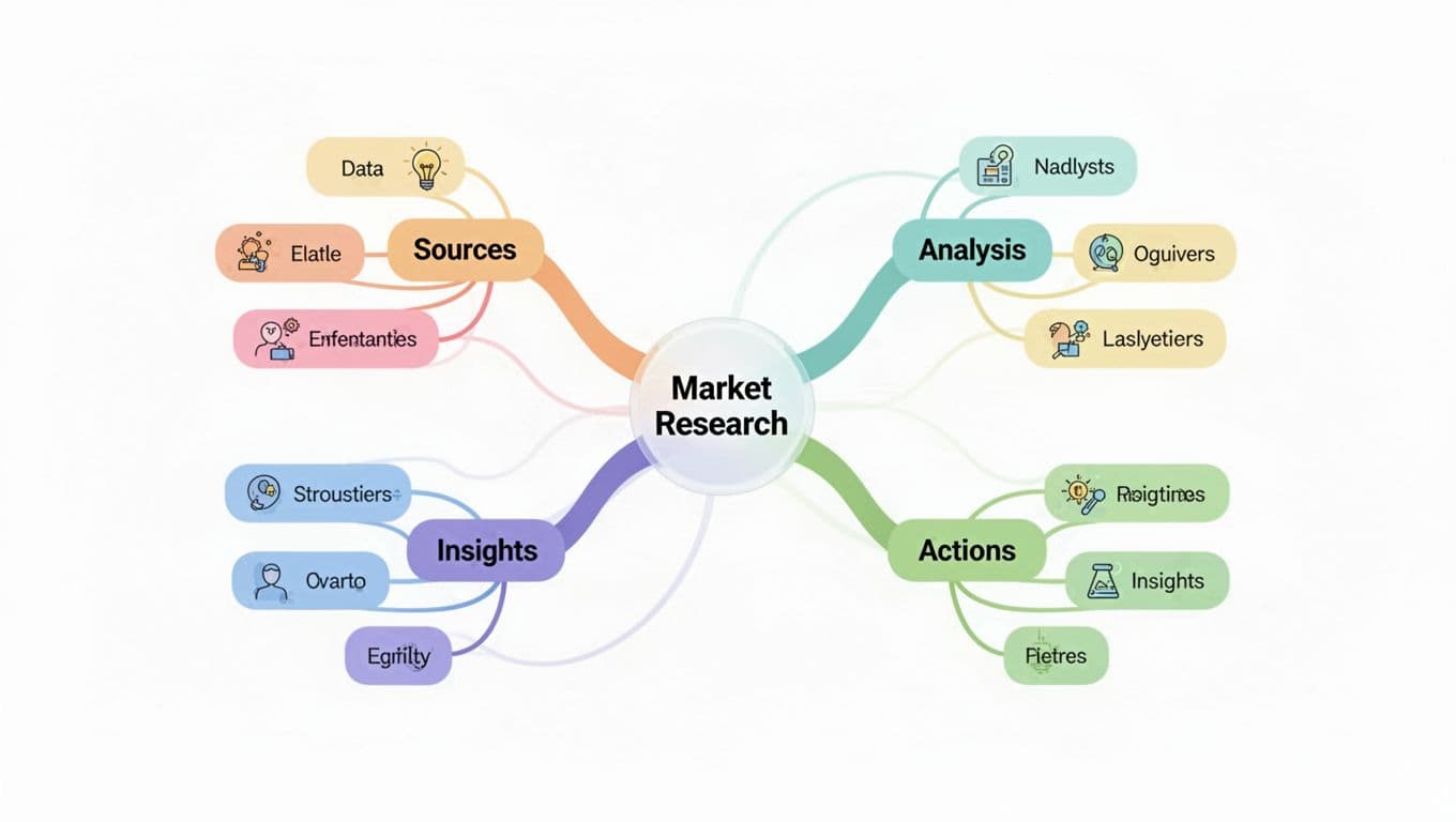 Modern illustration of a full mind map on Market Research with a central node and four main branches—Data Sources, Analysis, Insights, Actions—each featuring sub-branches, simple icons, curved lines, and a mix of pastel and vibrant colors on a white landscape background.