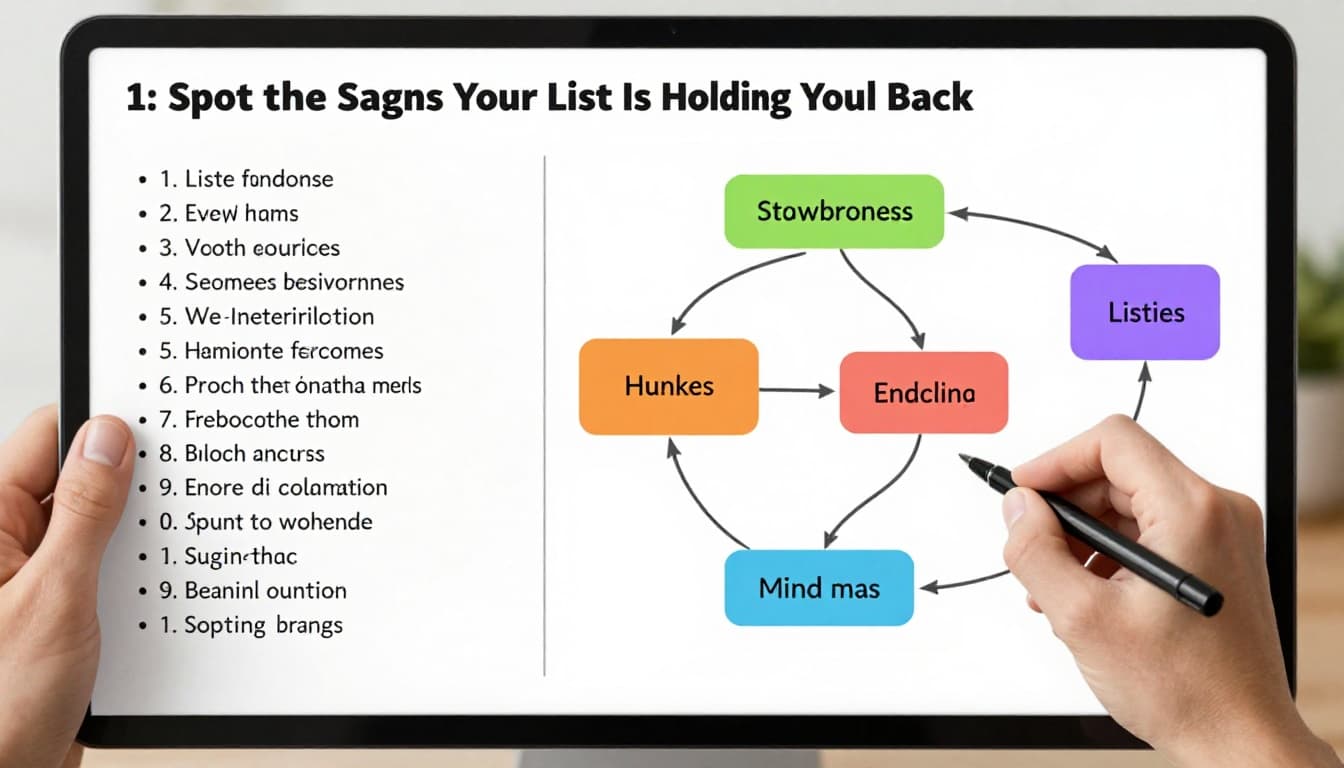 Modern top-down illustration comparing an overwhelmed messy bullet list on paper to a clear, colorful branching mind map side by side on a desk.