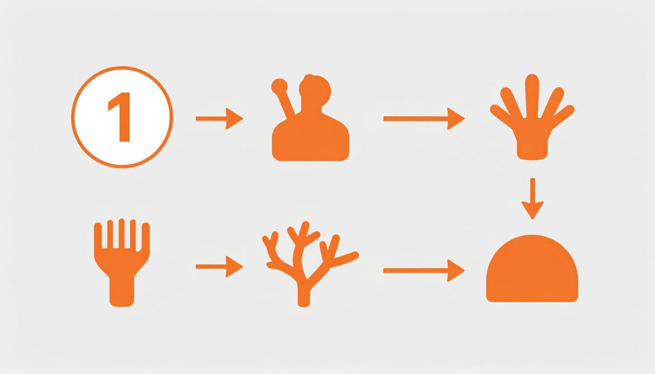 Modern icons-only illustration of four sequential steps for mind map center creation: central topic circle, main branches, sub-branches, review. Horizontal composition with arrows, orange-gray palette, light background, clean shapes.