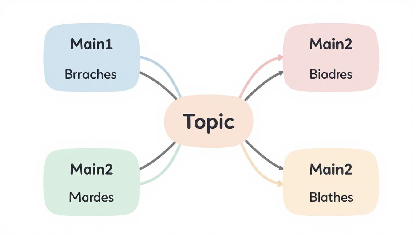 Modern illustration of a mind map with central node 'Topic' connected to four thick curved main branches like 'Main1' and 'Main2', each with two thinner sub-branches, in a balanced layout using clean lines and pastel colors on a white background.
