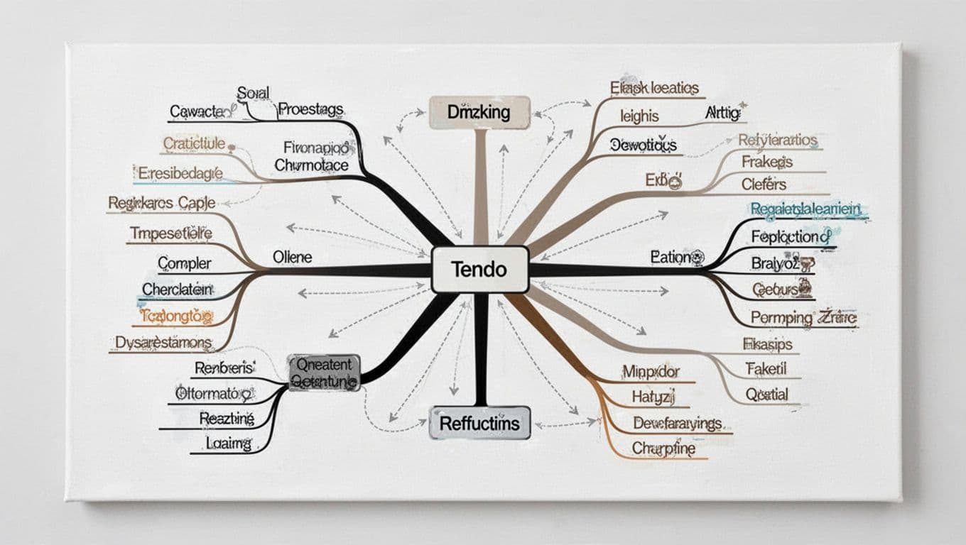 Modern illustration of a mind map demonstrating hierarchy using thick bold lines for main branches from the center, thinner lines for sub-branches, and dotted arrows connecting related ideas across branches. Balanced composition in neutral tones with accents, clean lines on white background, landscape orientation, no text or people.