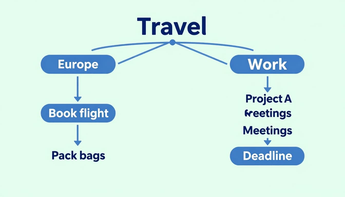 Detailed mind map section featuring 'Travel' and 'Work' main branches with sub-branches like 'Europe', 'Book flight', and 'Project A', demonstrating smooth subtopic layering in a modern blue-green illustration style.