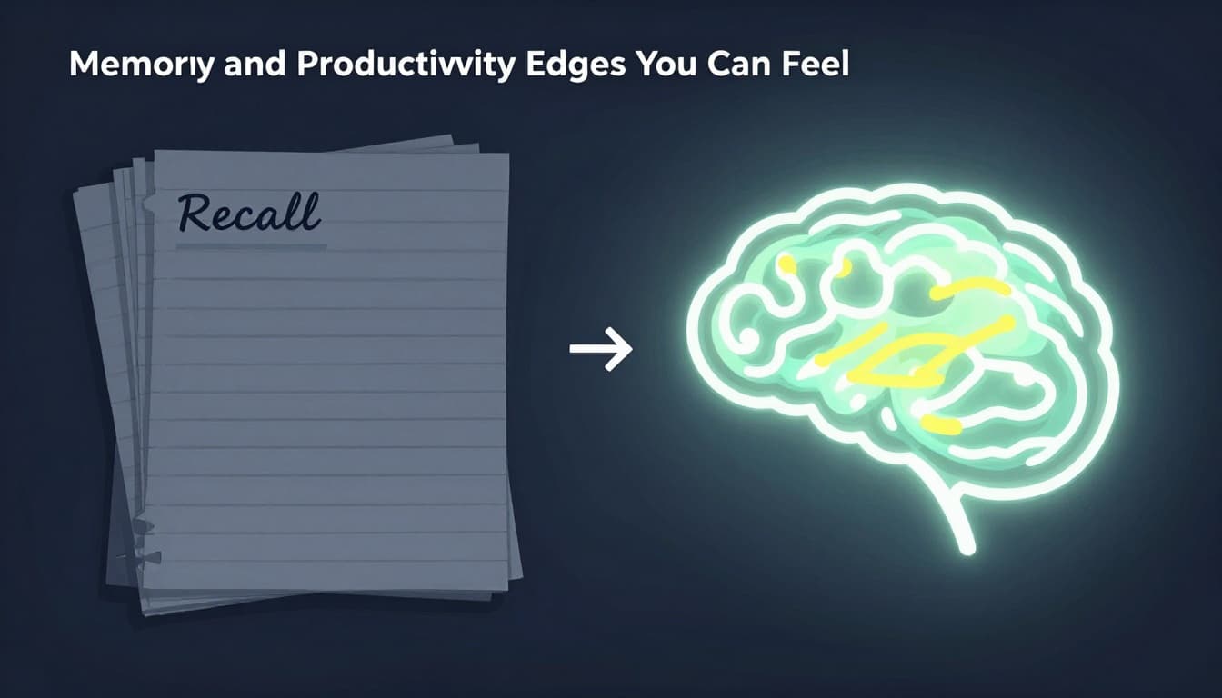 Modern illustration comparing recall: left side faded linear notes stack, right side glowing mind map with connected branches and colors. Clean shapes, contrasting dim and bright palettes, side-by-side composition.