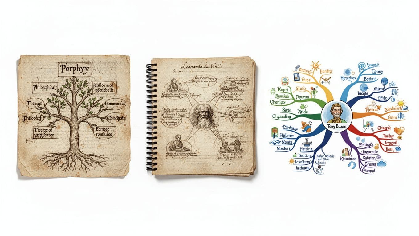 Side-by-side historical progression of mind mapping diagrams: ancient Tree of Porphyry branching tree, Leonardo da Vinci interconnected sketch, and modern colorful Tony Buzan mind map on a clean white background.