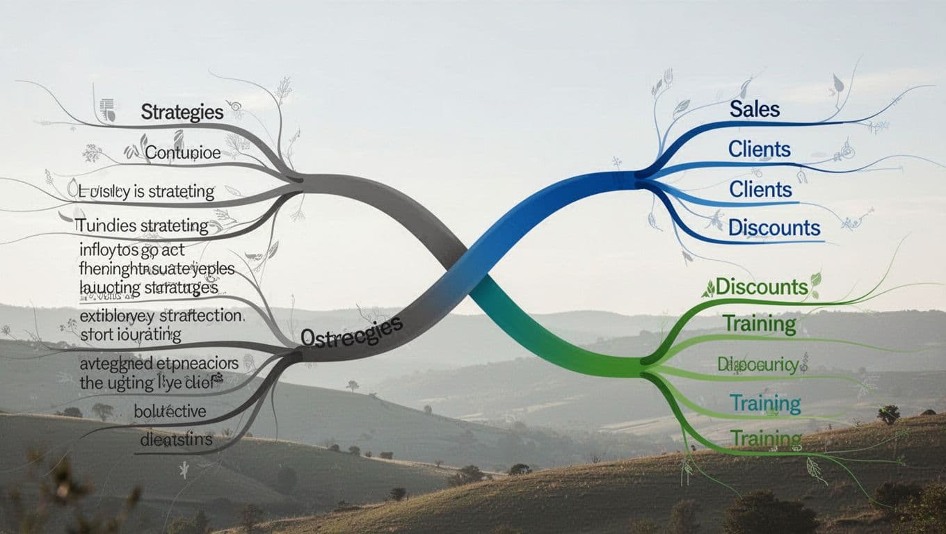 Modern close-up illustration of two mind map branches: left bloated with long grayscale text, right slim with colorful keywords, highlighting overloaded vs efficient structure.