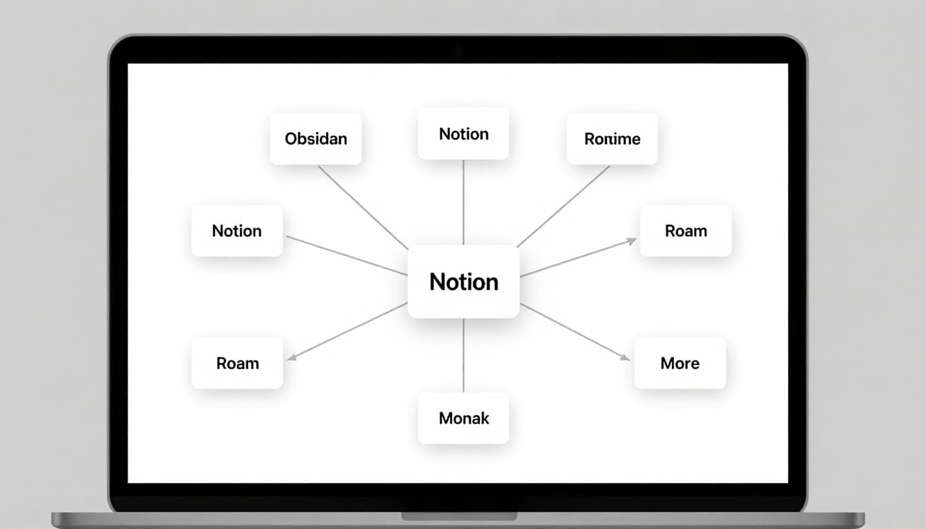 Digital app interface resembling Obsidian Canvas: infinite whiteboard with dragged note cards connected by lines forming mind map branches around the center. Modern illustration style with clean shapes, controlled color palette, and strong composition on a laptop screen at an angle.