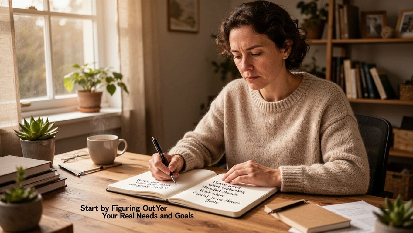 A person sits at a desk in a cozy home office with an open notebook and pen in hand, thoughtfully reflecting on written goals under soft natural window light in warm realistic tones.