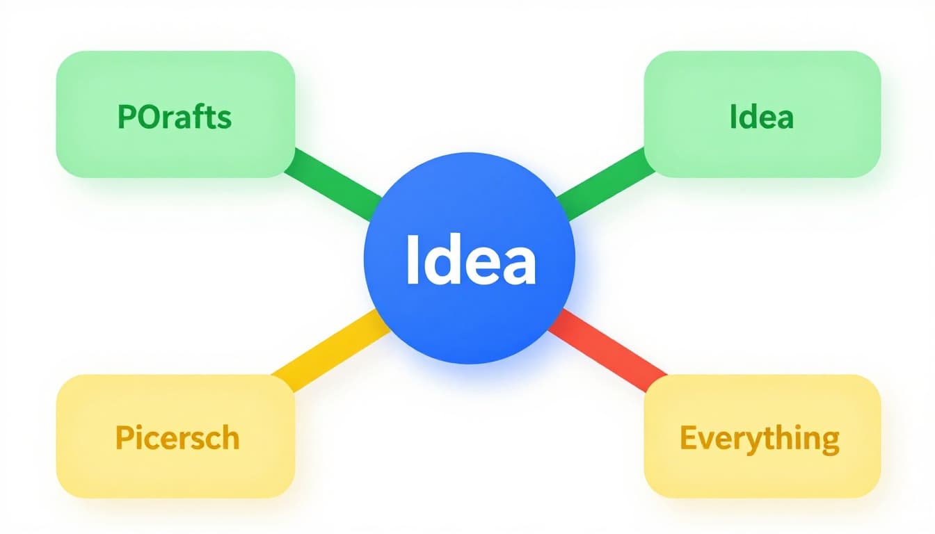 Modern illustration of a mind map with a bold 'Idea' in a vibrant blue circle as the central node, featuring three thick branches in green, red, and yellow extending outward on a white background.
