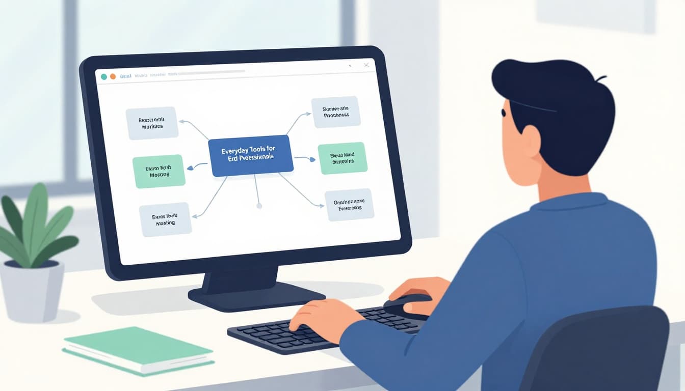 A professional sits relaxed at a modern office desk using a laptop with mind map software open, displaying a branching project plan. Clean illustration in cool blues, grays, and green accents with window light, focused on the angled screen.