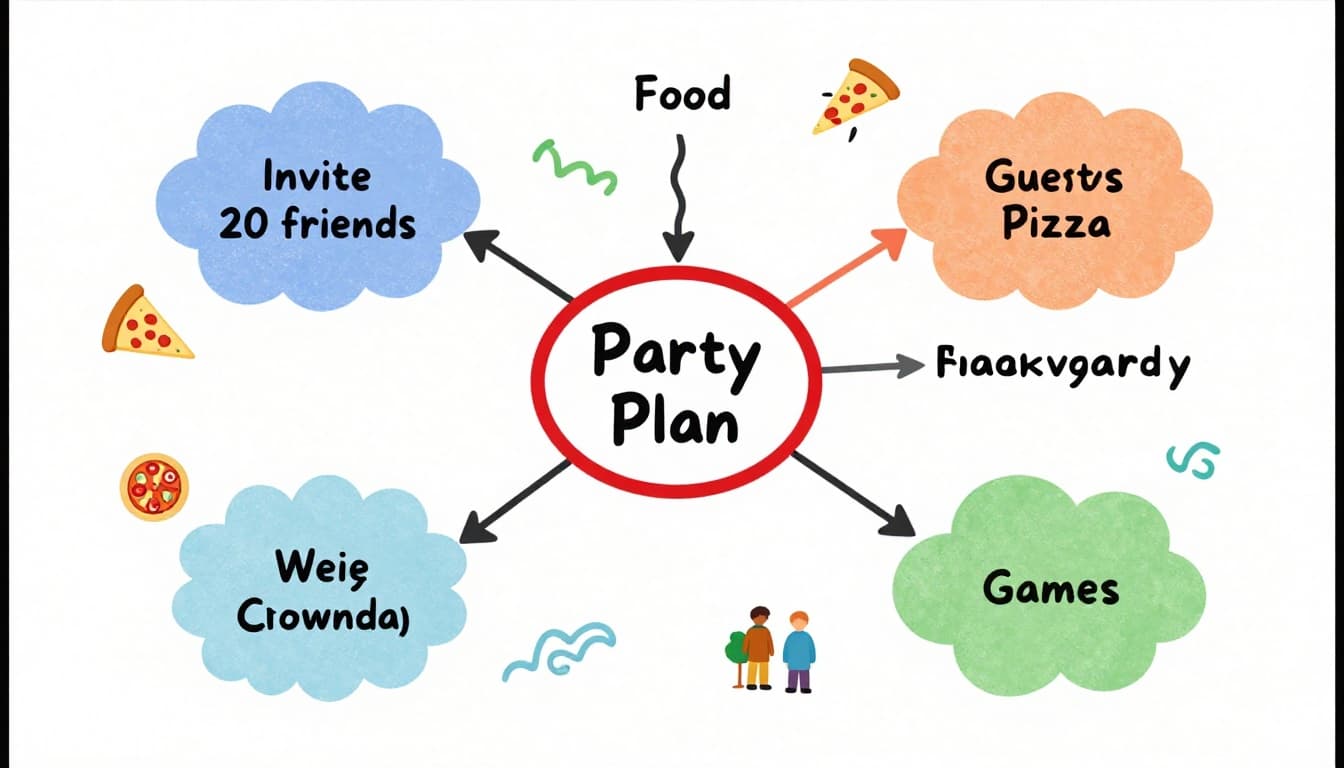 A clean, modern illustration of a simple mind map for party planning on paper, with a central red 'Party Plan' node branching to Food, Guests, Venue, and Activities, featuring doodle icons, wavy lines, and a vibrant color palette of blues, oranges, and greens.