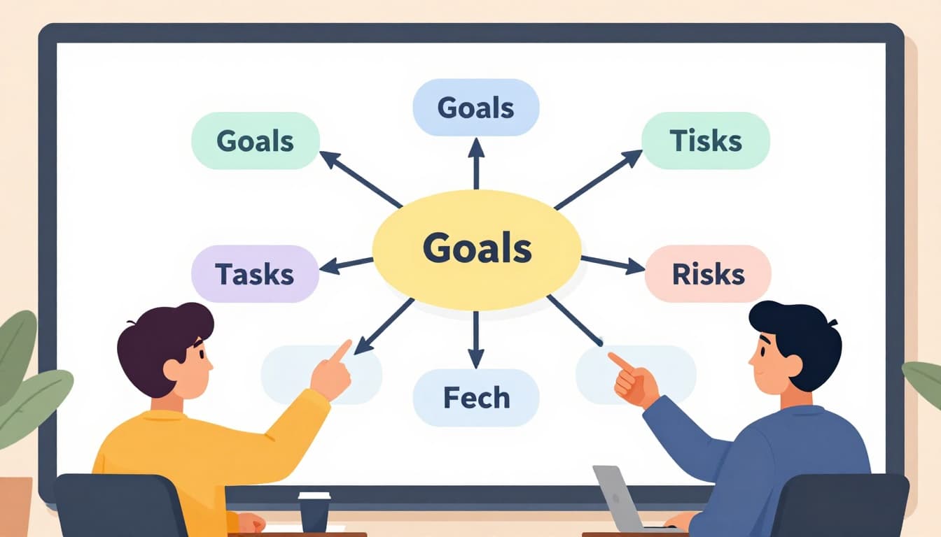Modern illustration of a diverse team of four people around a conference table, gesturing at a projected mind map on the wall with branches for Goals, Tasks, and Risks, in a clean professional setting.