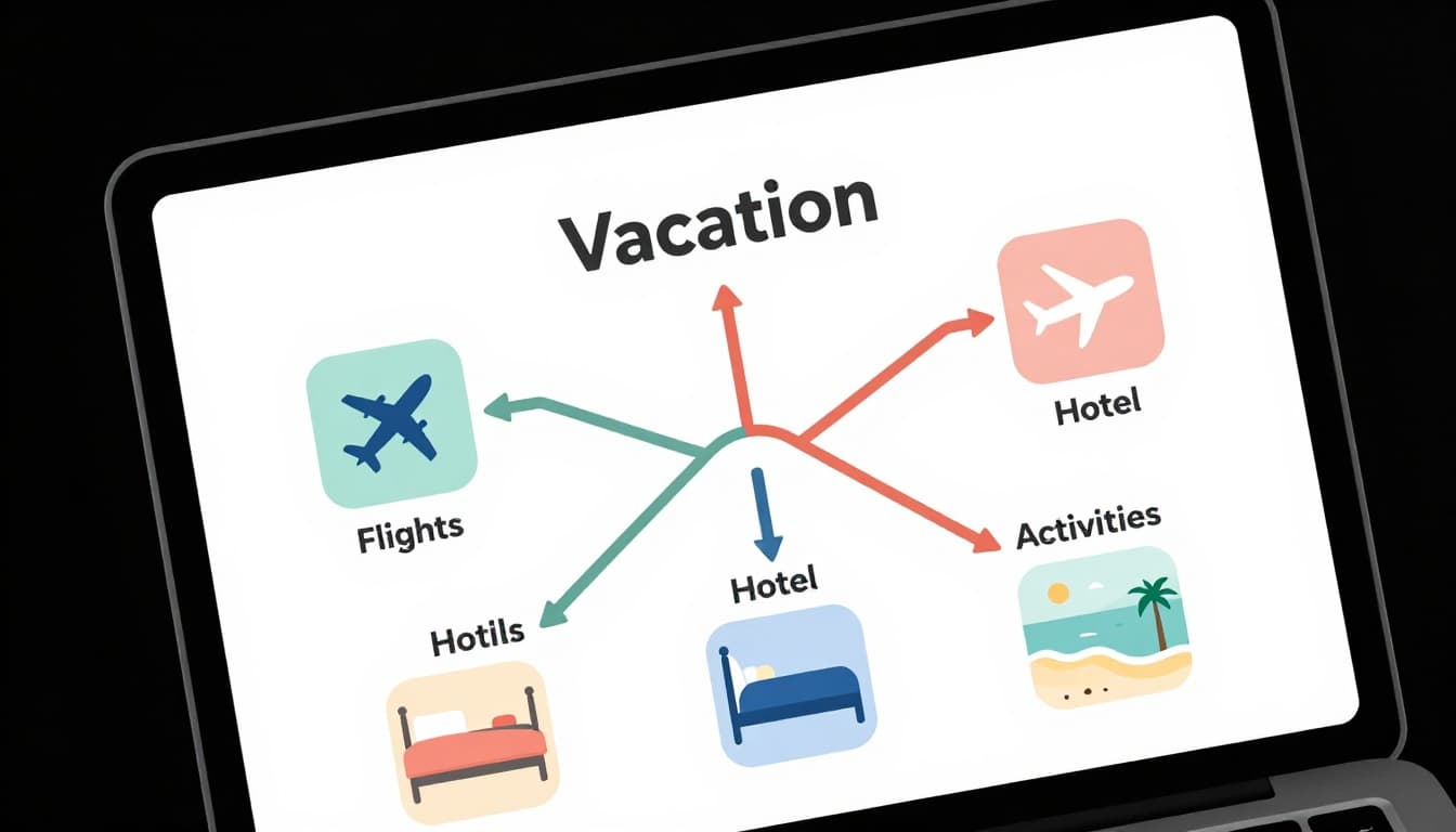 Modern illustration of a simple mind map for vacation planning on a laptop screen, featuring central 'Vacation' node with branches for Flights, Hotel, and Activities, including icons like plane, bed, and beach.