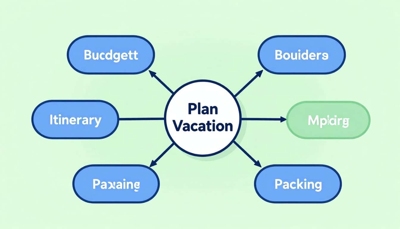 Modern illustration of a mind map with a bold central 'Plan Vacation' node radiating branches like Budget, Itinerary, and Packing, using clean shapes in blue and green on a light background.
