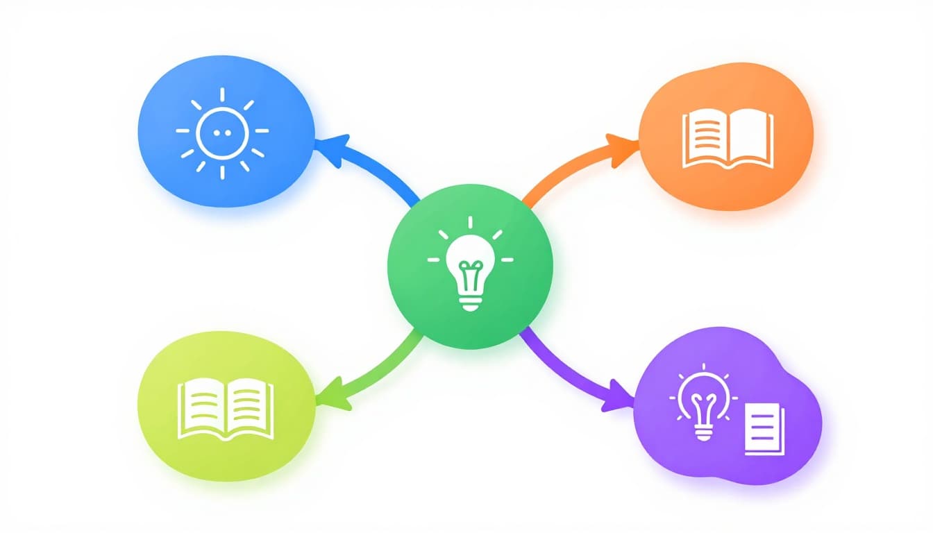 Modern illustration of a vibrant mind map with a central bold node branching into four thick colored arms (blue, green, orange, purple) and thinner sub-branches featuring simple icons like lightbulb, book, and arrow on a plain background.